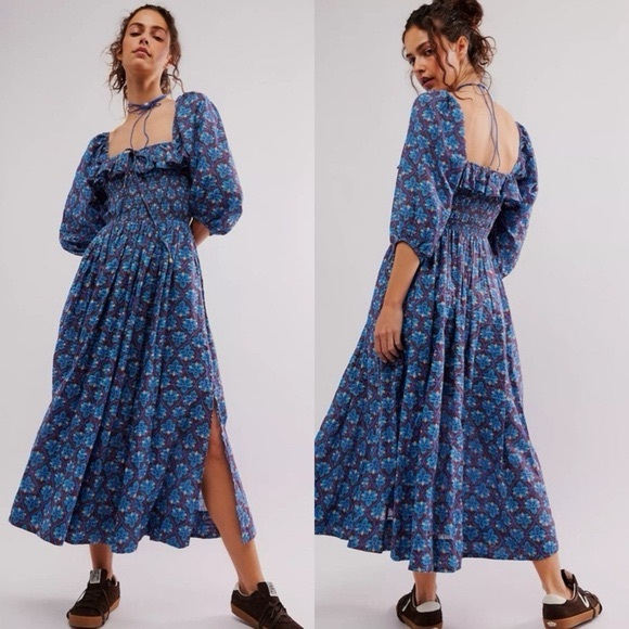 Free People Oasis Printed Blue Floral Long Sleeve Midi Dress - Picture 1 of 5